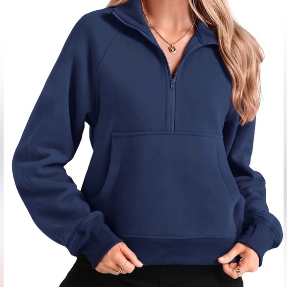 Navy Blue Half Zip Crop Pullover - Picture 1 of 11